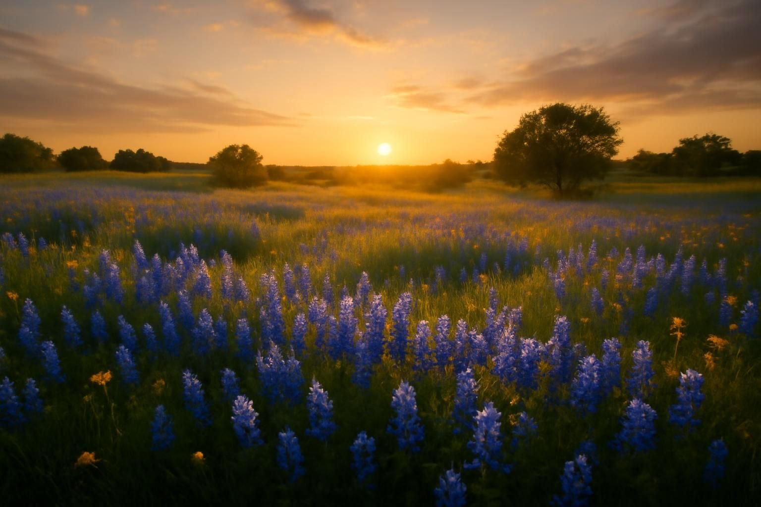 A Texas bluebonnet prairie at golden hour near Houston, TX