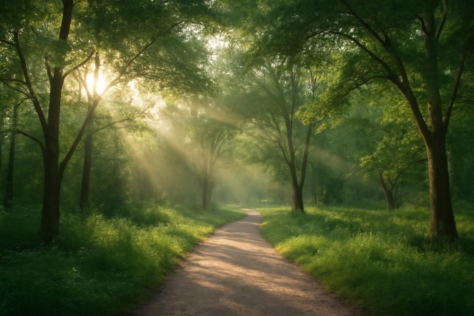 Sunlight through trees on a peaceful greenbelt trail near Humble, TX