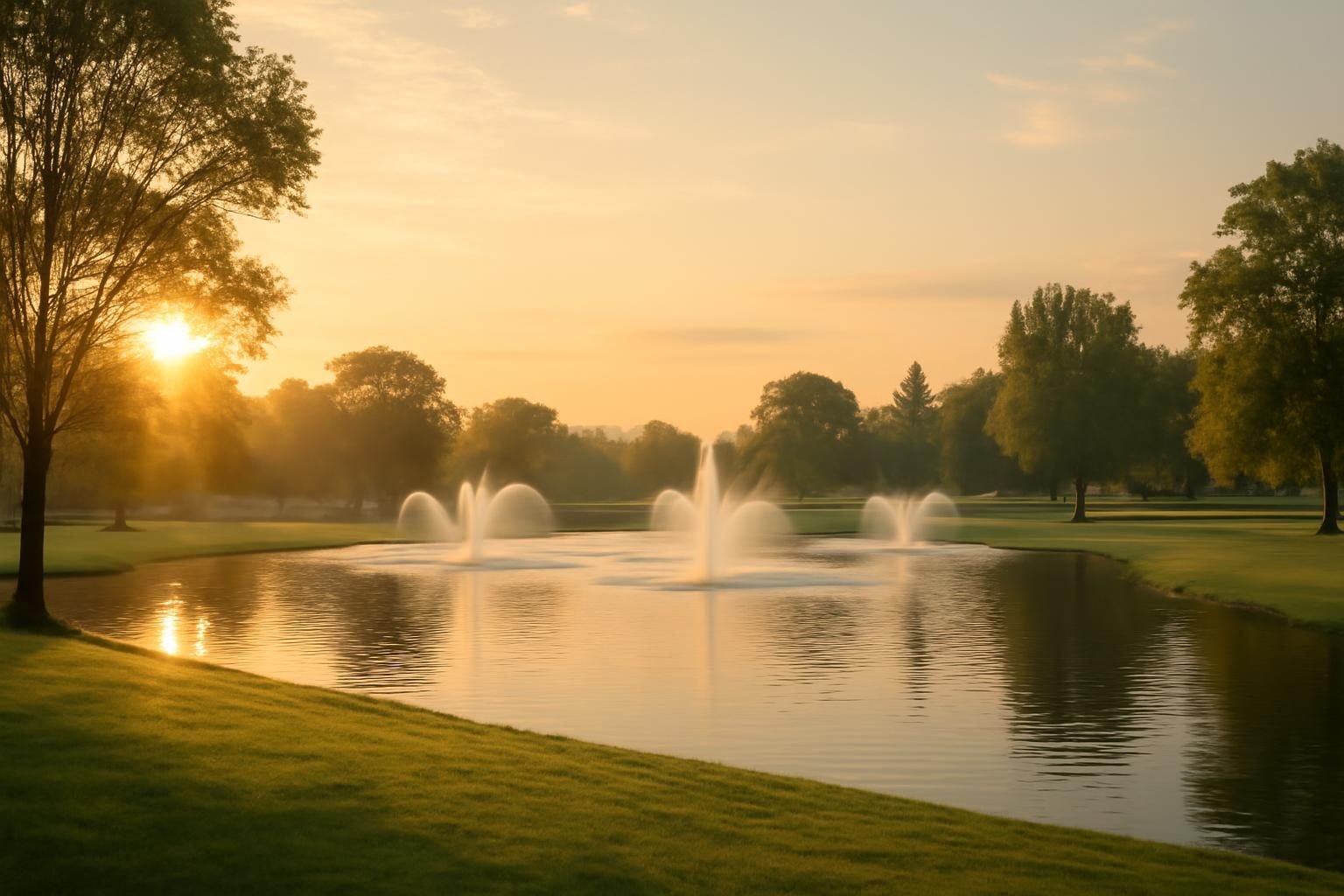 A serene city park pond at sunrise near Houston, TX